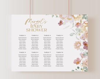 Pink Floral Seating Chart: Baby/Bridal Shower Template (Editable in Canva)