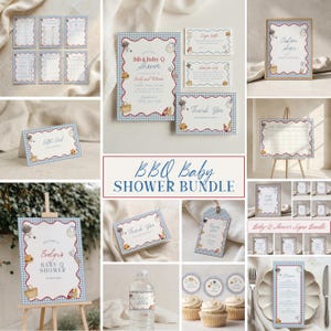 May include: A BBQ baby shower stationery bundle featuring a blue and white gingham border with red scalloped edges. The set includes invitations, signs, menu cards, thank you tags, and water bottle labels decorated with watercolor grill illustrations.