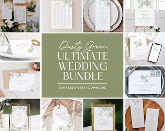 May include: Dusty green wedding stationery bundle with editable templates. Includes invitations, RSVP cards, table numbers, thank you cards, and more.  The design features a delicate floral motif with greenery.