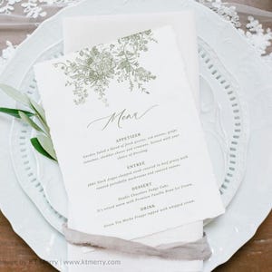 Plantilla de menú verde polvoriento, menú de boda con flores vintage, menú de boda imprimible, menú minimalista, plantilla de menú verde chinoiserie, editable