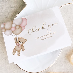 Rosa Bär Danke Kartenvorlage, Bär Ballon gefaltet Dankeschön Hinweis, Zelt Dankkarte, druckbare Bär Babyparty, bearbeitbare PDA-JJSK