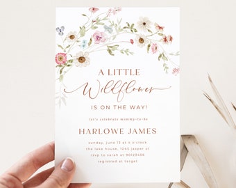 A Little Wildflower Baby Shower Invitation Template, Baby in Bloom Invitation, Spring Baby Shower Invite, Pink Floral Girl Baby, Editable