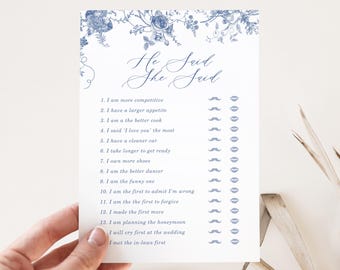 Dusty Blue Floral Bridal Shower Game: He Said She Said (Editable in Canva)