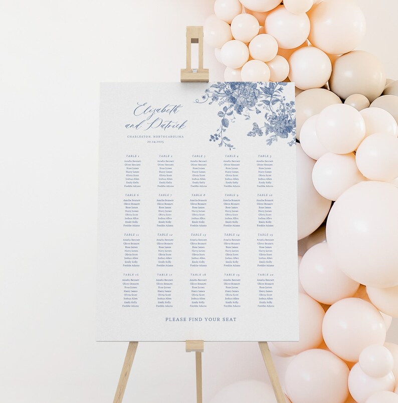 May include: A wedding seating chart with a floral design in blue and white. The chart lists the names of guests assigned to each table. The text at the top reads "Elizabeth and Patrick, Charleston, North Carolina, 08.04.2019". At the bottom of the chart, it says "Please find your seat."