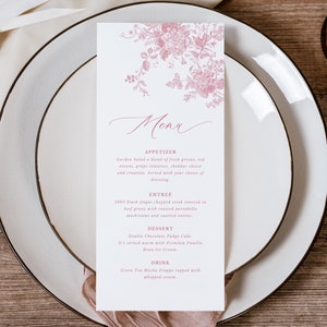 Stoffige roze menusjabloon, vintage bloemen trouwmenu, afdrukbaar trouwmenu, minimaal menu, roze witte menusjabloon, bewerkbaar,