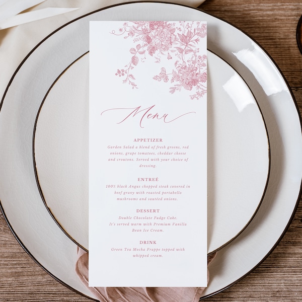 Modèle de menu rose poussiéreux, menu de mariage floral vintage, menu de mariage imprimable, menu minimal, modèle de menu blanc rose, modifier dans Canva