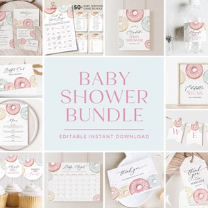 Donuts Baby Shower Invitation Bundle: Editable Pink Sprinkle Decor (Digital Download)