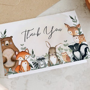 Wald-Dankeschön-Kartenvorlage, Wald-Babyparty, gefaltetes Dankeschön zum Ausdrucken, Waldtiere Danke, bearbeitbar, PDA-SETT
