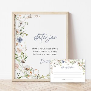 Letrero con ideas para una cita nocturna con flores silvestres, frasco para citas, consejos para una cita nocturna en una boda, señalización para bodas, tarjeta para una cita nocturna, juego para la ducha, editable, PD-IBB