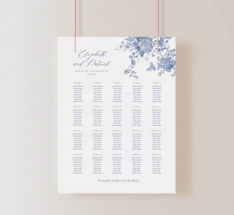 May include: A blue and white floral wedding seating chart with the names "Elizabeth and Patrick" and the date "28.04.2023". The chart lists tables 1 through 20 with guest names assigned to each table.