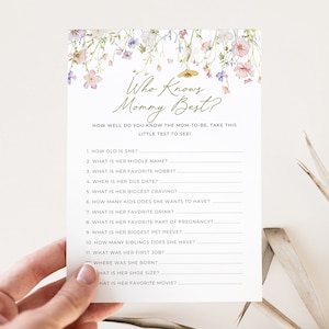 Who Knows Mommy Best-spel, Wildflower Knows Mummy Best, bloemen babyshowerspel, lente mama het beste, babyshowerspellen, bewerkbaar,