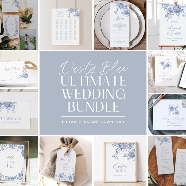 Dusty Blue Wedding Bundle, Vintage Floral Wedding Invitation Set, Wedding Welcome Sign, Printable Wedding Invitation, French Rose Wedding