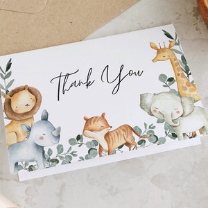 Safari Thank You Card Template, Safari Baby Shower, Folded Thank You Printable, Jungle Animals Thank You, Tent Thank you Card, Edit in Canva image 1