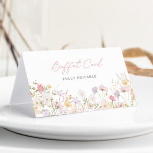Plantilla de etiquetas de comida con flores silvestres, tarjeta de buffet con flores rosas, etiqueta morada para alimentos, tarjeta de comida rosa, despedida de soltera, editable, PDA-GCNQ