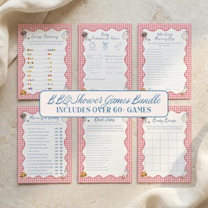 May include: A set of six printed baby shower game cards featuring a red and white gingham border. The cards include Emoji Pictionary, Baby Predictions & Advice, Who Knows Mommy Best, Mommy or Daddy, Dad Jokes, and Baby Bingo with BBQ graphics.