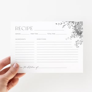 Zwart-wit receptkaartsjabloon, receptkaart, vintage bloemen receptsjabloon, chinoiserie-receptkaart, 4 x 6", bewerkbaar in canva, PD-YEU