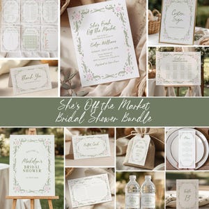 May include: A bridal shower stationery bundle featuring white paper goods with green botanical borders and pink floral accents. Items include invitations, welcome signs, seating charts, menus, thank you cards, table numbers, and game cards with text.