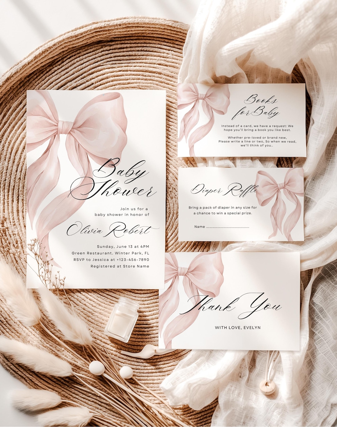 Blush Pink Bow Baby Shower Invitation Set: Editable Canva Template - Etsy
