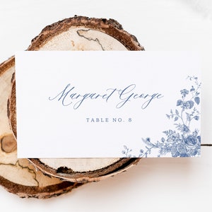 Plantilla de tarjeta de lugar para boda, tarjeta de lugar azul polvoriento para boda, nombre de tarjeta de lugar editable, tarjeta de lugar floral vintage, editable,
