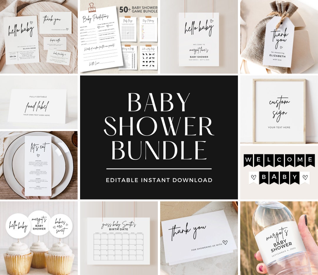 Minimalist Baby Shower Invitation Bundle, Black and White Baby Shower