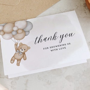 Modèle de carte de remerciement ours, baby shower attente Bearly, imprimable Merci plié, ballons ours, carte de remerciement tente, modifiable, PDA-JJSK