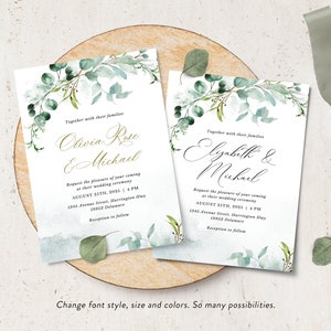 Greenery Wedding Invitation Template Set, Wedding Invitation Set, Garden Wedding Invitation Suite, Minimal Wedding I Editable in Canva image 4