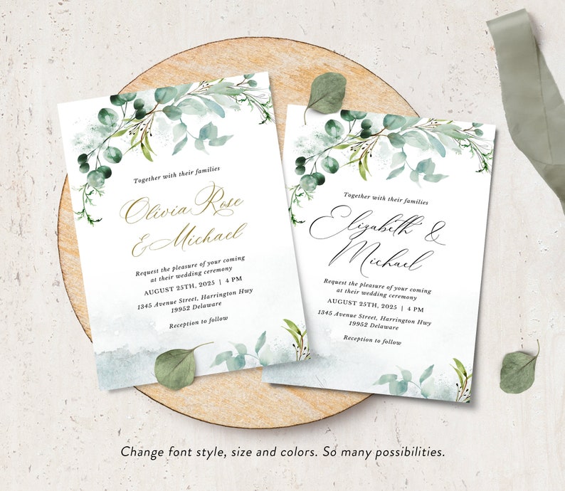 Greenery Wedding Invitation Template Set, Wedding Invitation Set, Garden Wedding Invitation Suite, Minimal Wedding I Editable in Canva image 4