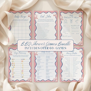 May include: A BBQ Shower Games Bundle featuring six printed activity sheets with a red and white gingham border. The cards include Baby Bingo, Dad Jokes, Baby Predictions & Advice, Emoji Pictionary, Baby Trivia, and Would Mommy Rather games.