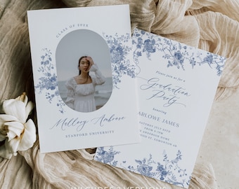 May include: A blue and white floral graduation party invitation with a photo of a graduate in a white dress. The invitation includes the text "Please join us for a Graduation Party honoring ARLOWE JAMES SATURDAY JULY 20TH FROM 2-7PM 'E ANDERSON HOME FOOD ST. EDMONTON AB"