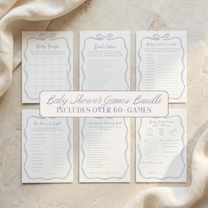 May include: A set of six white paper baby shower game cards with blue borders and bow illustrations. The cards feature titles including Baby Bingo, Dad Jokes, Baby Word Scramble, The Price is Right, Who Knows Mommy Best, and Baby Predictions and Advice.