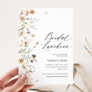 Plantilla de invitación para almuerzo nupcial, invitación para despedida de soltera con flores silvestres, descarga de invitación floral, brunch nupcial, editable, PDA-IHWN