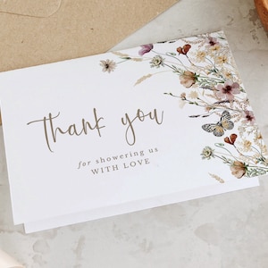 Wildblumen Dankeskartenvorlage, Hochzeit druckbare Dankeskarte, Boho Blumen Dankeskarte, Babyparty, bearbeitbar, PDA-QHBO