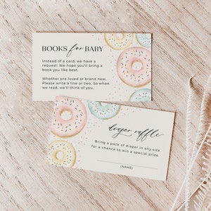Donuts-Windel-Verlosungskarte, Bücher für Baby, Sprinkle-Babyparty-Vorlage, Donuts und Windeldusche laden ein, bearbeitbar, PDA-MXKP