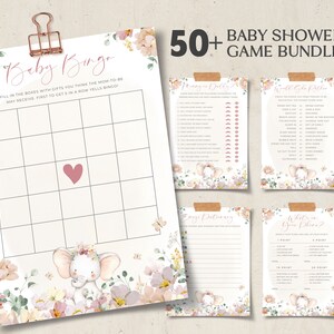 Pink Elephant Baby Shower Games Bundle: Floral Party Activities (Editable)