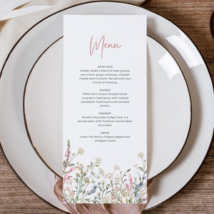 Menu Template, Pink Wildflower Shower Menu, Printable Wedding Menu, Garden Bridal Shower Menu, Floral Menu Template, Editable, 003