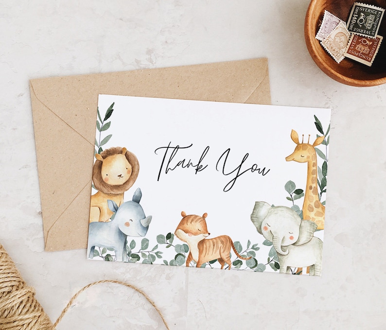 Safari Thank You Card Template, Safari Baby Shower, Folded Thank You Printable, Jungle Animals Thank You, Tent Thank you Card, Edit in Canva image 3