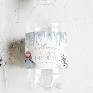 Pu&ograve; includere: Un'etichetta per bottiglia d'acqua blu e bianca a tema Frozen. Presenta un'immagine animata di Elsa e Olaf, con il testo "Olivia's Frozen Birthday Sept 4, 2024".