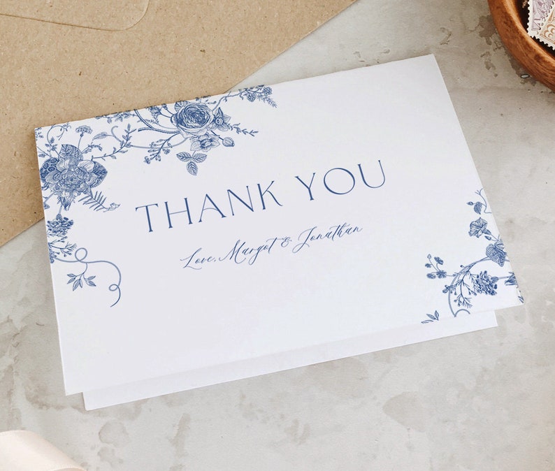 Dusty Blue Thank You Card, Vintage Floral Wedding Thank You Template, Victorian Thank You Card, Printable Calligraphy Wedding, Editable image 2