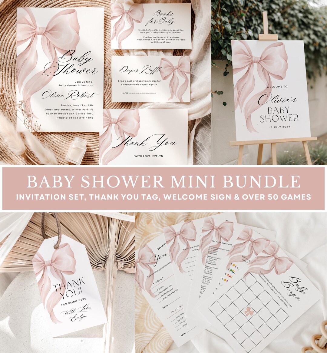 Blush Pink Bow Baby Shower Mini Bundle: Invitation Set, Welcome Sign ...