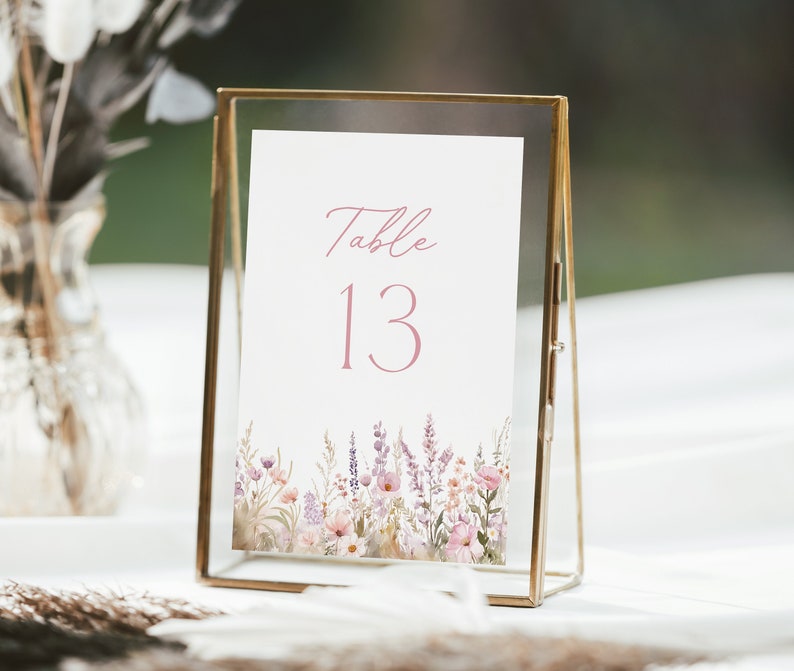Pink Wildflower Table Numbers Template, Wedding Table Numbers, Spring Table Numbers, Printable Table Number Bridal Shower, Editable in Canva image 1