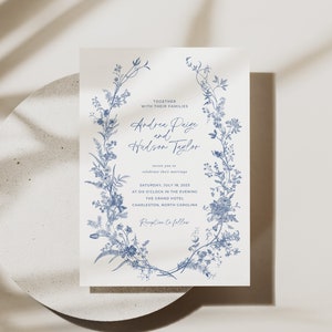 Dusty Blue Wedding Invitation Suite, Vintage Floral Invitation Template, Printable Invitation Suite, French Roses Botanical Wedding Invite image 2