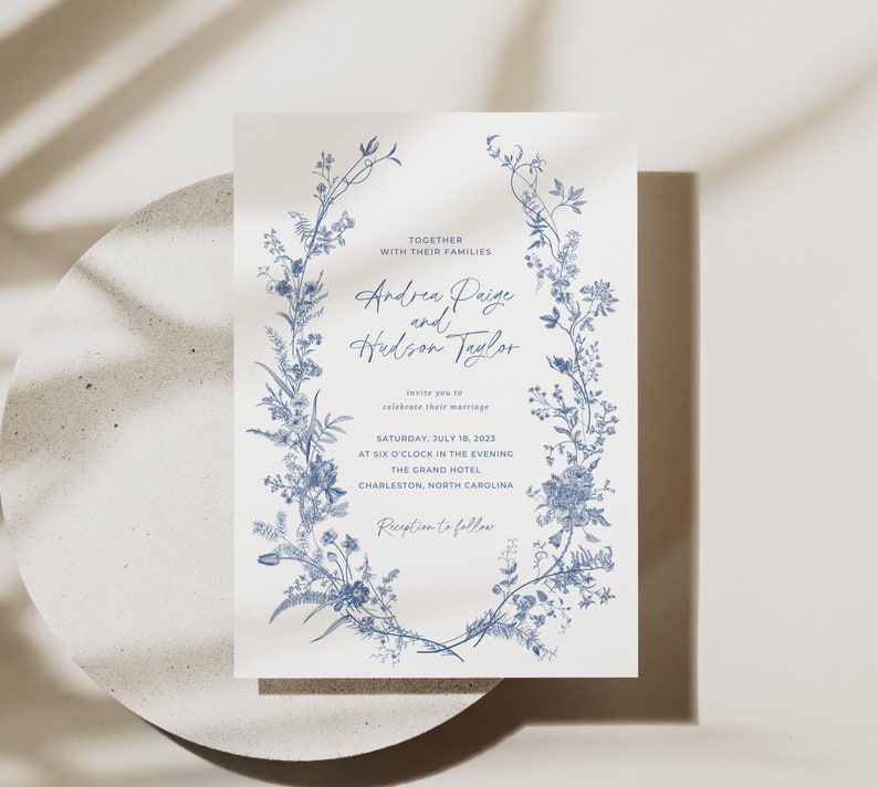 Dusty Blue Wedding Invitation Suite, Vintage Floral Invitation Template, Printable Invitation Suite, French Roses Botanical Wedding Invite image 2