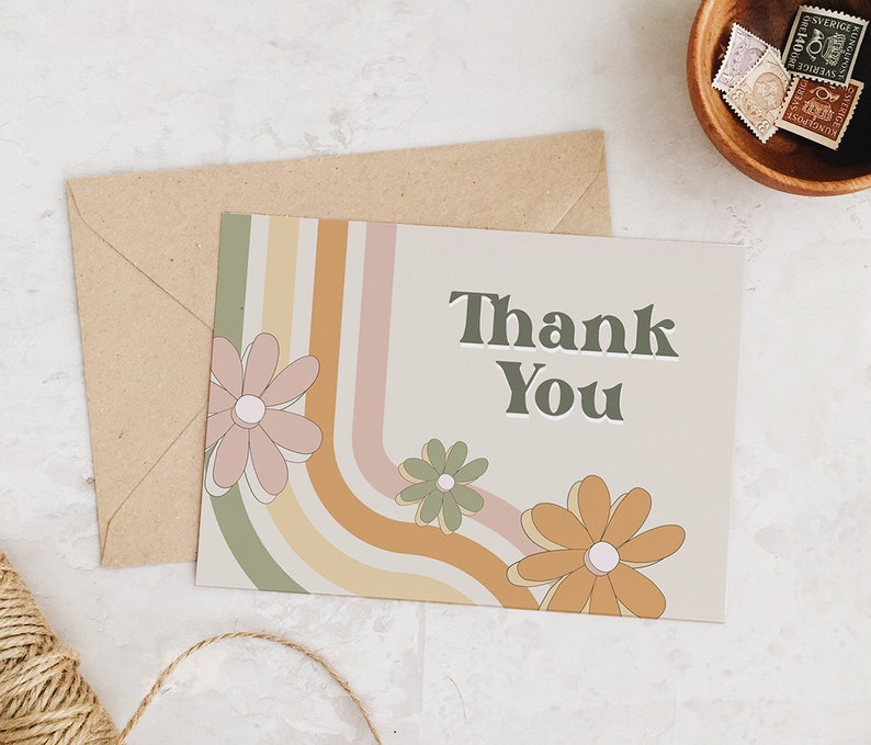 Retro Thank You Card Template 70s Folded Thank You Printable Etsy