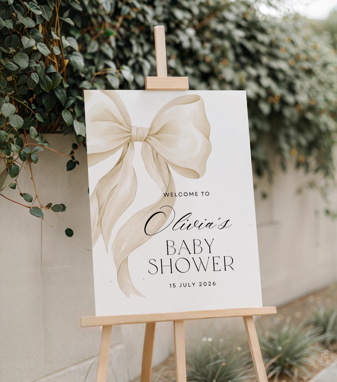 Neutral Beige Bow Baby Shower Welcome Sign: Minimal Cream & Beige ...