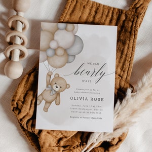 Modello di invito per baby shower con orsetto, invito per baby shower "We Can Bearly Wait", baby shower con palloncini orsetto, genere neutro, modificabile, PDA-JJSK