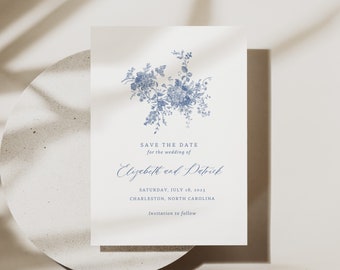 Dusty Blue Save the date, Vintage Floral Save the dates template, Victorian Save the Date Cards, Wedding Save the Date, Editable in Canva