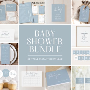 Pacchetto di inviti per baby shower minimalisti per ragazzi, kit di inviti per baby shower minimalisti blu, cartelli e decorazioni per baby shower semplici blu, modificabili,