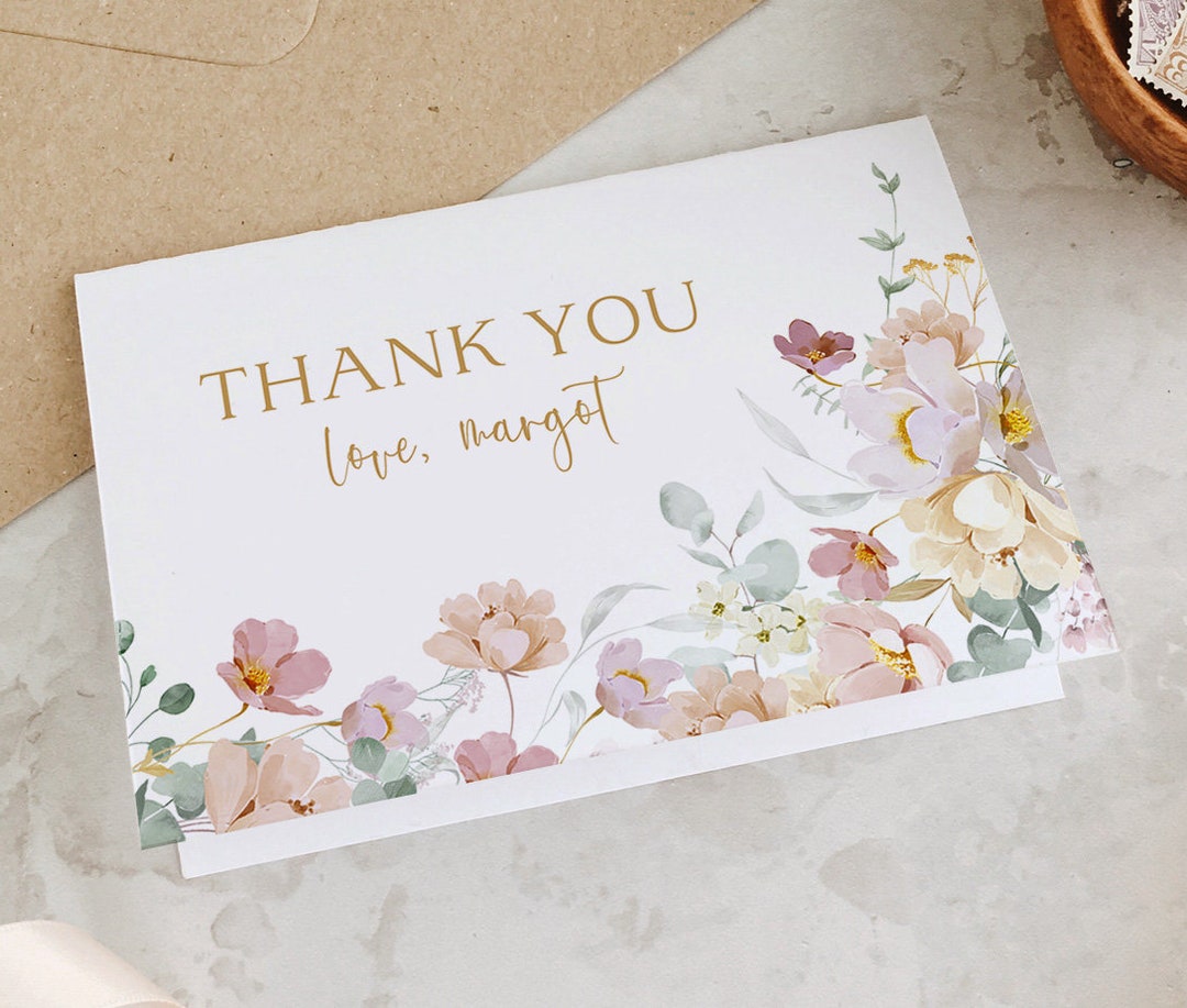 Wildflower Thank You Card Template, Wedding Printable Thank You, Pink ...
