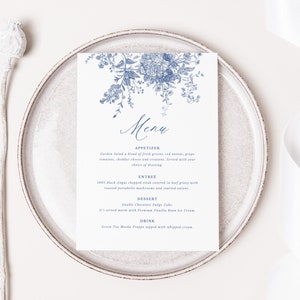 Plantilla de menú azul polvoriento, menú de despedida de soltera con motivos florales vintage, menú imprimible, plantilla de menú minimalista, menú azul y blanco, editable, PDA002