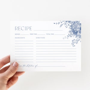 Dusty Blue Szablon karty z przepisami, Karta z przepisami, Szablon przepisu w stylu vintage kwiatowym, Karta z przepisami w stylu chinoiserie, 4x6", edytowalny w Canva, PDA002